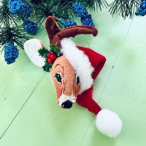Vintage 90s Annalee Reindeer Ornament Head Xmas Santa Hat Deer Ornament